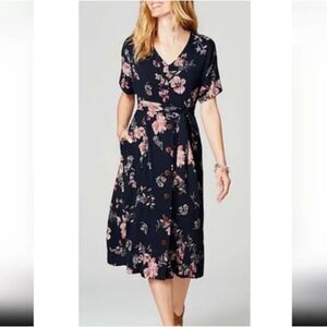 NWT J. Jill Navy Blue Dark Floral Button Up Tie Belt Midi Dress W/ Pockets XL